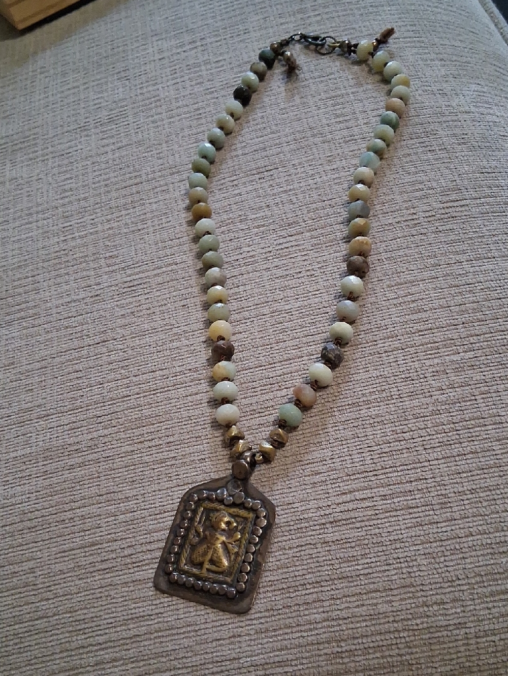 Beaded Multi-Color Gemstone Necklace with Antique Gold Pendant